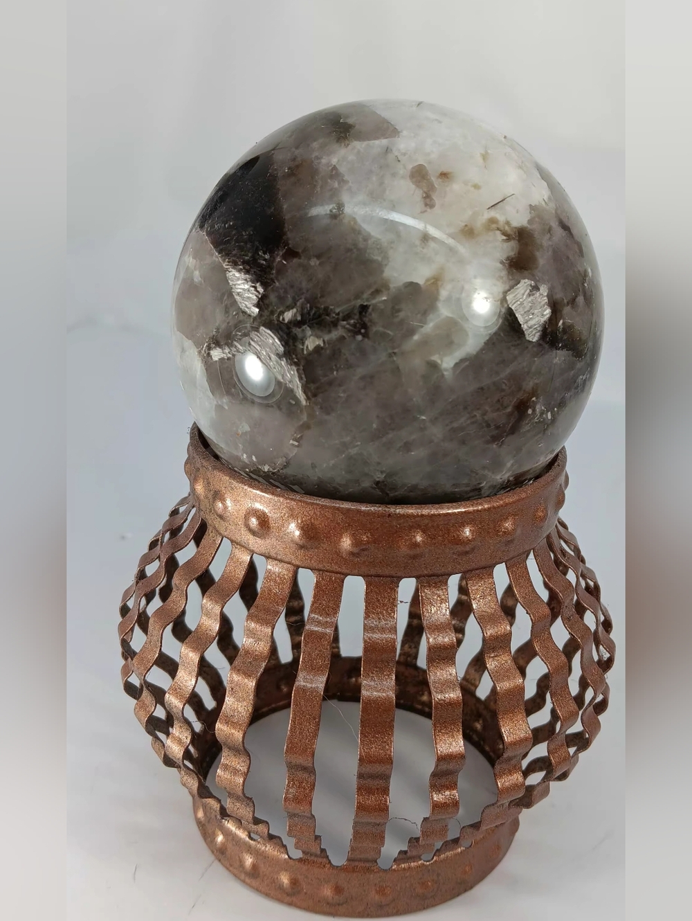 Polished Smoky Moonstone 9cm Quartz Sphere on Decorative Copper Colored Stand